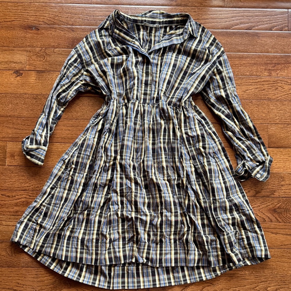 Everlane Women’s Oversized Plaid Dress in Blue, Brown, and Cream